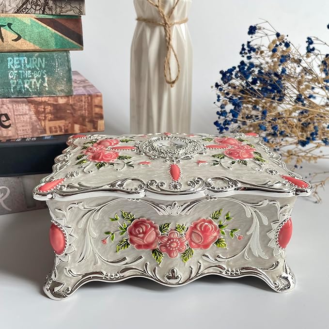 Truewon Jewelry Chest Rose Pastoral Style Metal Box Trinket Vintage Trinket Gemstone Storage Tray Treasure Souvenir Gift Case for Girls Women (White Pink Golden, Large)