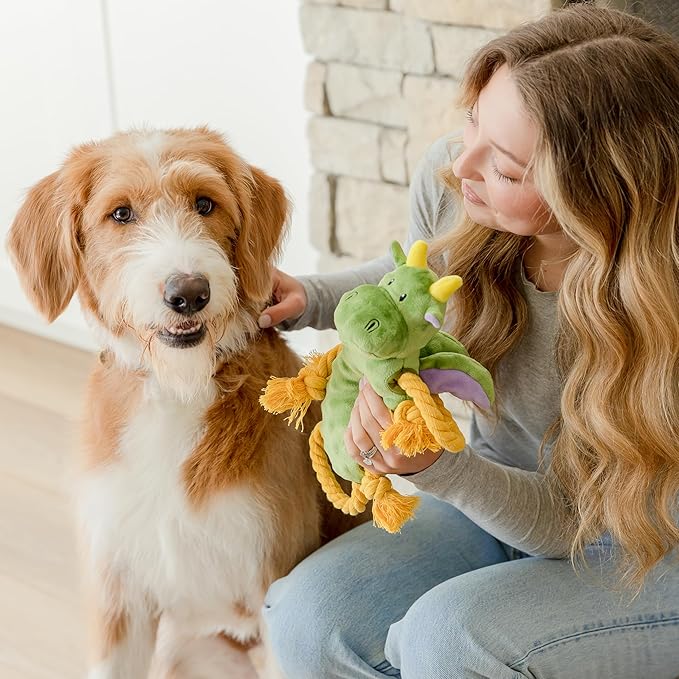 Squeaky Dog Stuffed Animals Chew Toy, Crinkle Paper Tug of War Rope Plush Dog Toy, Soft Tough Squeaker Dog Entertainment Toys for Home Alone, Fun Boredom Busters for Dogs - Dragon