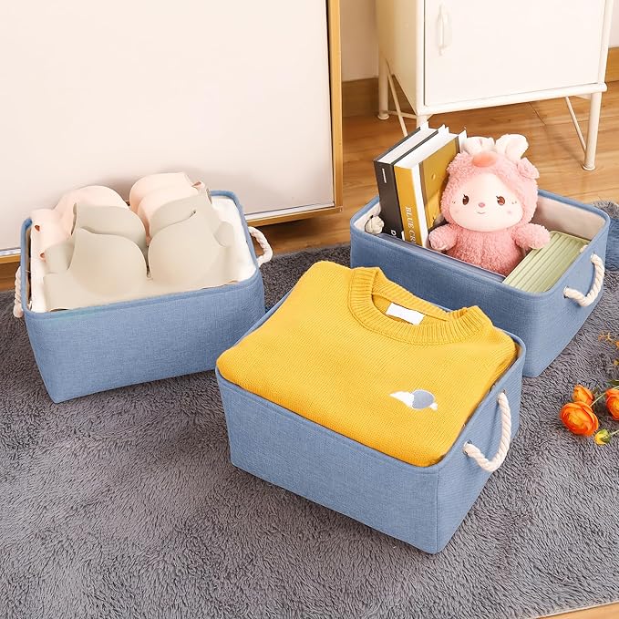 Storage Bins with Sturdy Cotton Handles(3 Pack), Fabric Storage Baskets for Organizing use for Office & Home, Book, Clothes, Toys, Closet Boxes (Large, Blue, 15.7x11.8x7.9 inches)