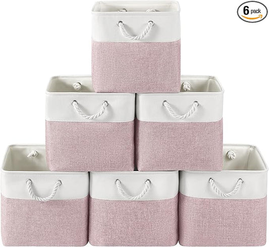 13 x 13 Inch Cube Storage Bins, 6 Pack Fabric Storage Basket with Handles, Foldable Boxes Organizer for Shelf Baskets for Home, Clothes, Toys (White/Pink)