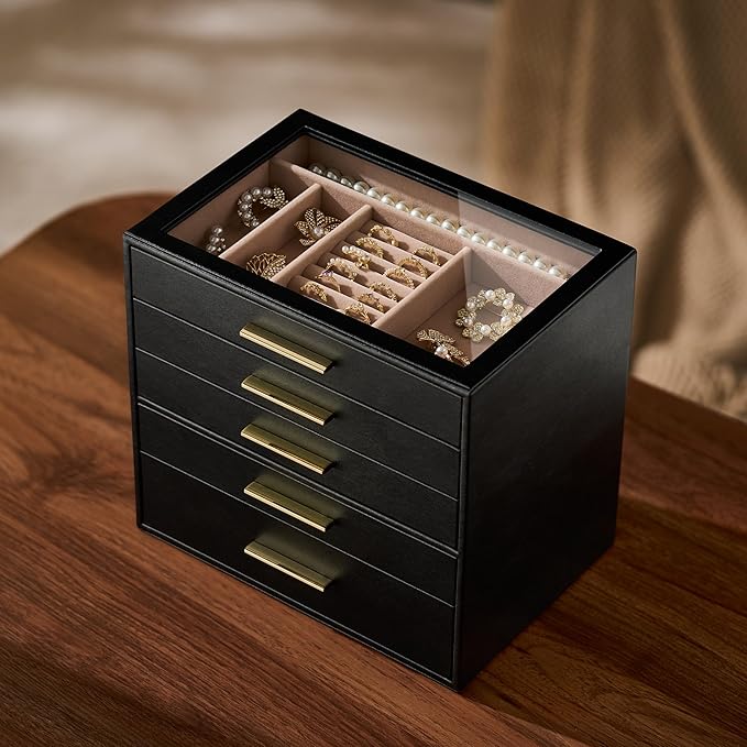 pickpiff Jewelry Box Organizer Case for Women: 5-Layer Jewelry Storage Case with Glass Window, Black Leather with Blush Velvet, Holder for Ring Necklace Bracelet Brooch Watch, Great Gift for Her