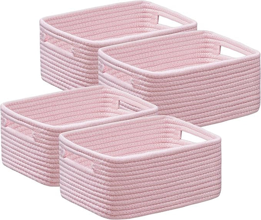 UBBCARE 4 Pack Small Basket, Woven Storage Basket for Oganizing, Small Gift Basket, Dog Toy Basket, Cute Decorative Cotton Rope Basket Storage Bins, 12''Lx8''Wx4.7''H, Pink