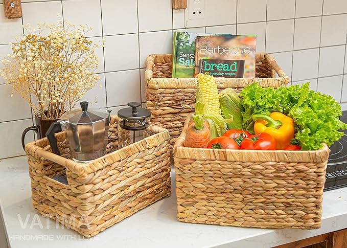 VATIMA Large Rectangular Wicker Basket with Wooden Handles for Shelves and Storage - Natural Water Hyacinth Basket for Organizing, 14.5 x 10.3 x 7.5 inches