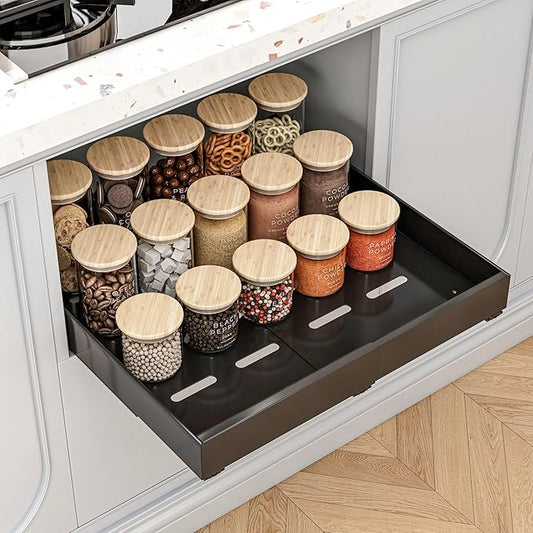 Expandable Pull Out Cabinet Organizer, 21" Deep Expandable (12.6" - 20.5") 3 Heavy Duty Slide Drawers Pull Out Drawers for Kitchen Storage Cabinet (Black)