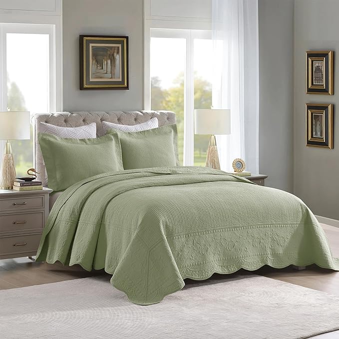 MarCielo 3-Piece 100% Cotton Oversized Bedspread Lightweight Quilt Coverlet Embroidery Farmhouse Bedding Set (TG Pale Green, Oversized Queen (100"x106"))