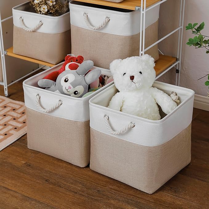 13 x 13 Inch Cube Storage Bins, 4 Pack Large Collapsible Fabric Storage Bin with Ropes, Foldable Storage Cubes for Home, Office,Closet, Clothes, Toys Organizer (White & Beige)