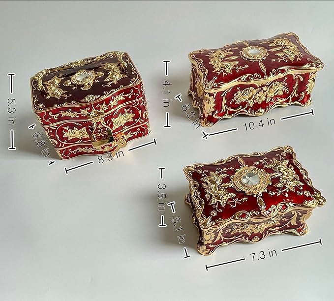 Truewon Jewelry Chest Rose Pastoral Style Metal Box Trinket Vintage Trinket Gemstone Storage Tray Treasure Souvenir Gift Case for Girls Women (Golden Red, Large)