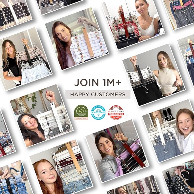 MORALVE Skirt Hangers Space Saving with Clips - 2 Pack - European Beechwood 5-Tier Hanger for Shorts, Skirts, and Pants - Closet Organizer and Storage Solution for Women with 360° Swivel Hook