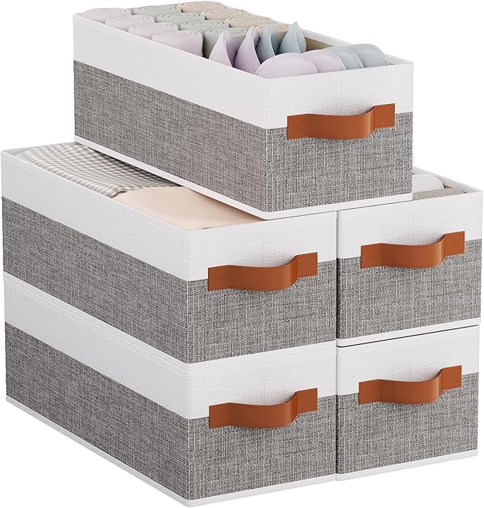 Collapsible Storage Bins 5-Pack, Foldable Baskets for Organizing, Clothes Boxes with Handles, Fabric Cubes Containers, White and Gray, 15 x 6 x 5 Inch