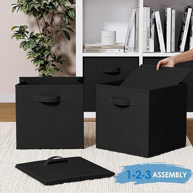 NEATERIZE Fabric Storage Cubes - 6 Pack Heavy Duty Solid Black Bins - 13 Inch Cube Organizer, Use As A Clothes Storage Box In Closet, Baskets For Shelves or Cubbies
