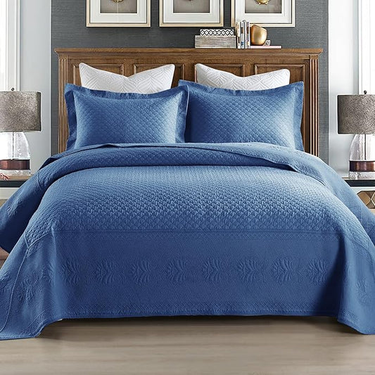 MarCielo 3-Piece 100% Cotton Oversized Bedspread Lightweight Quilt Coverlet Embroidery Farmhouse Bedding Set (TM Midtone Blue, Oversized Queen (100"x106"))
