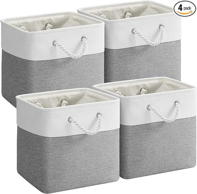 12 x 12 Inch Cube Storage Bins, 4 Pack Fabric Storage Basket with Handles, Foldable Boxes Organizer for Shelf Baskets for Home, Clothes, Toys (White/Grey)
