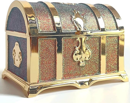 Retro Jewelry Box Arched Vintage Rectangular Metal Chest Necklace Ring Earrings Storage Case for Women Girls (Golden Starlight Red, M)