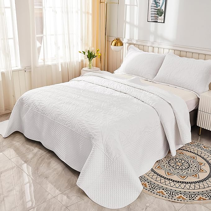 MarCielo 100% Cotton Quilt Set - 3-Piece Embroidered Farmhouse Bedspread & Shams, All-Season Breathable Bedding(Bright White,King)