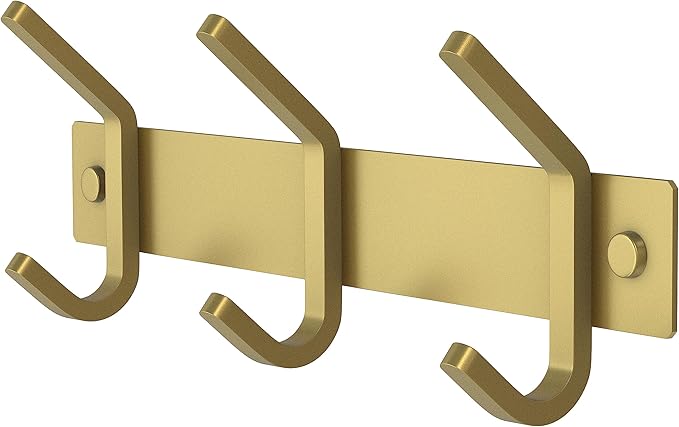 Brushed Gold Small Coat Rack Wall Mount – 9 Inch Stainless Steel Rail with 3 Double Coat Hooks for Entryway, Bathroom, Bedroom, Kitchen – Modern Gold Hook Rack for Coats, Hats, Towels