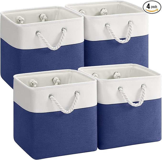 12 x 12 Inch Cube Storage Bins, 4 Pack Fabric Storage Basket with Handles, Foldable Boxes Organizer for Shelf Baskets for Home, Clothes, Toys (White/Blue)