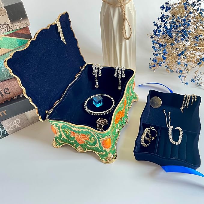 Truewon Jewelry Chest Rose Pastoral Style Metal Box Trinket Vintage Trinket Gemstone Storage Tray Treasure Souvenir Gift Case for Girls Women (Golden Starshine Green, Large)