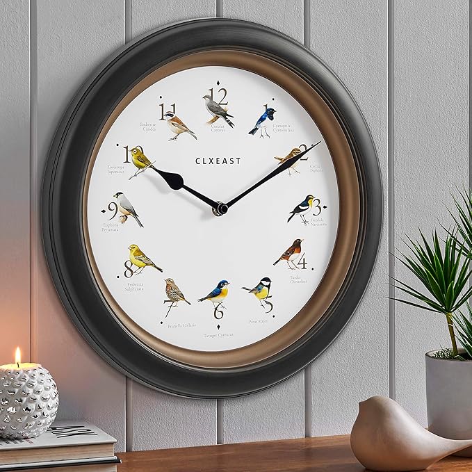 CLXEAST 13.3 Inch Singing Bird Wall Clock with Original 12 Native Recordings Sounds,Auto Night Silence,Gift for Bird Lovers,Oil Rubbed Bronze Black Finish,House Warming Gifts New Home