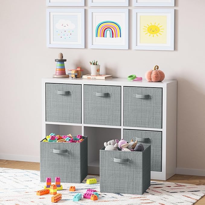 NEATERIZE Fabric Storage Cubes for Cube Organizer - 6 Pack Heavy Duty Grey Storage Bins - 13 Inch Cube Storage Bin, Use As A Clothes Storage Box, Baskets For Shelves or Cubbies Storage bins