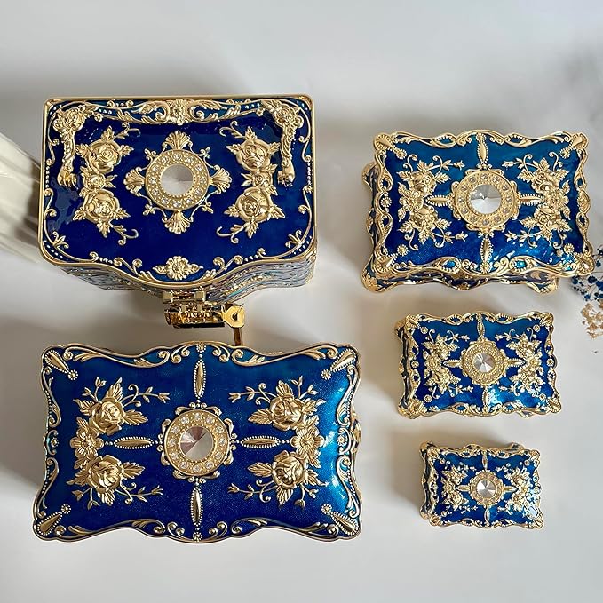 Truewon Jewelry Chest Rose Pastoral Style Metal Box Trinket Vintage Trinket Gemstone Storage Tray Treasure Souvenir Gift Case for Girls Women (Golden Blue, Large)