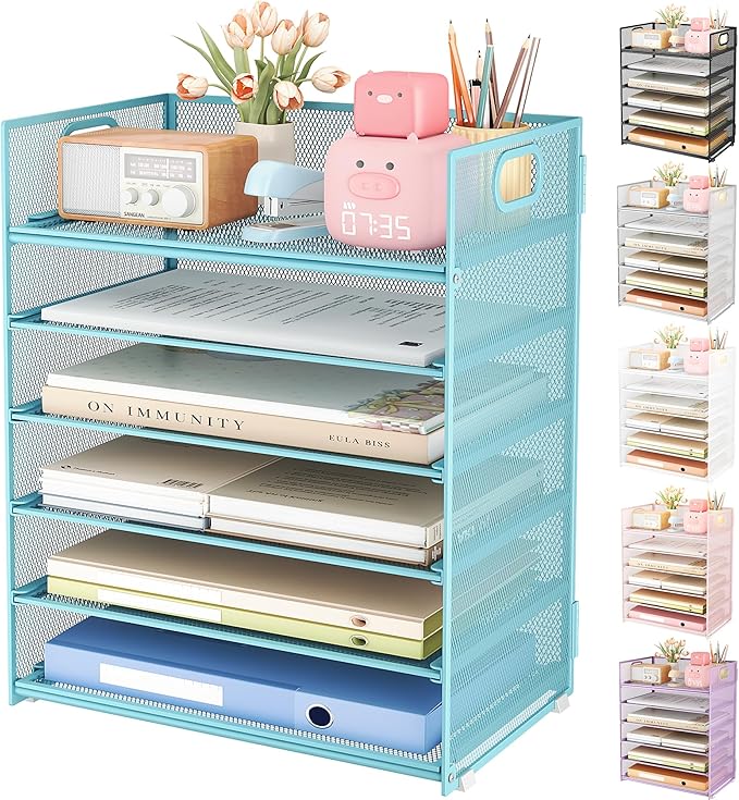 Subekyu 6 Tier Office File Paper Desk Tray Organizer with Handle, Stackable Slide Mesh Letter Tray Folder Blue Desk Organizer, Desktop Document Sorter for Classroom, Office, Home Supplies Storage