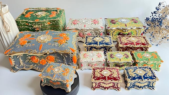 Truewon Jewelry Chest Rose Pastoral Style Metal Box Trinket Vintage Trinket Gemstone Storage Tray Treasure Souvenir Gift Case for Girls Women (Golden Starshine Bluish Violet, Large)