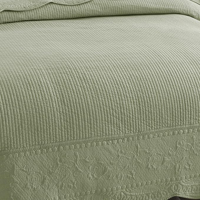 MarCielo 3-Piece 100% Cotton Oversized Bedspread Lightweight Quilt Coverlet Embroidery Farmhouse Bedding Set (TG Pale Green, Oversized Queen (100"x106"))