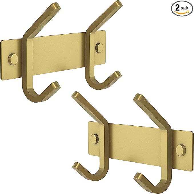 Brushed Gold Small Coat Rack Wall Mount – 6 Inch Stainless Steel Rail with 2 Double Coat Hooks for Entryway, Bathroom, Bedroom, Kitchen – Modern Gold Hook Rack for Coats, Hats, Towels - 2 Pack