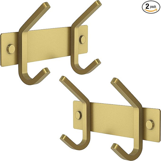 Brushed Gold Small Coat Rack Wall Mount – 6 Inch Stainless Steel Rail with 2 Double Coat Hooks for Entryway, Bathroom, Bedroom, Kitchen – Modern Gold Hook Rack for Coats, Hats, Towels - 2 Pack