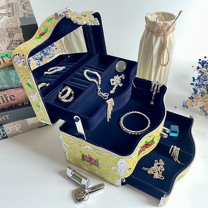 Truewon Jewelry Chest Rose Pastoral Style Metal Box Trinket Vintage Trinket Gemstone Storage Tray Treasure Souvenir Gift Case for Girls Women (Chrome Starshine Yellow, Double Extra Large Hand-held)