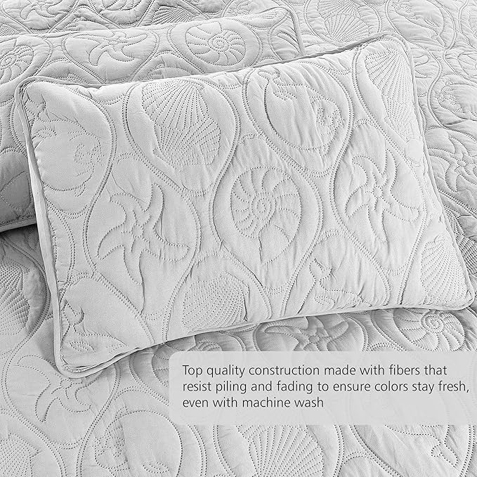 Pure Bedding Quilt Set King/Cal King/California King Size White - Oversized Bedspread - Microfiber Coverlet - Includes 1 Quilt and 2 Shams, Ocean Star Pattern