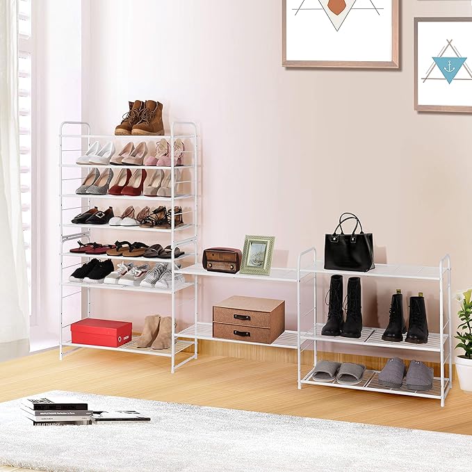 Simple Trending 4-Tier Stackable Shoe Rack, Expandable & Adjustable Shoe Organizer Storage Shelf, Wire Grid, White