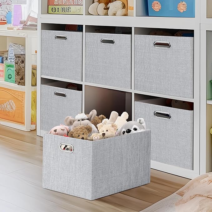 Posprica Closet Organizers and Storage, 4 Pack Large Linen Storage Bins, Decorative Shelf Storage Baskets for Organizing, Foldable Fabric Storage Box for Clothes, Toy, 16.5x12x10.25 Inch(Grey)