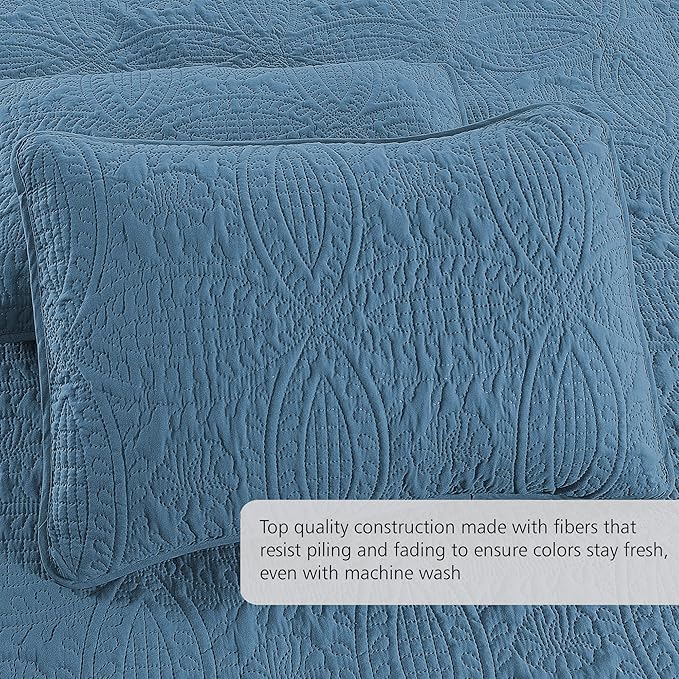 Pure Bedding Quilt Set Full/Queen Size Ash Blue - Oversized Bedspread - Soft Microfiber Lightweight Coverlet for All Season - 3 Piece Includes 1 Quilt and 2 Shams, Geometric Pattern