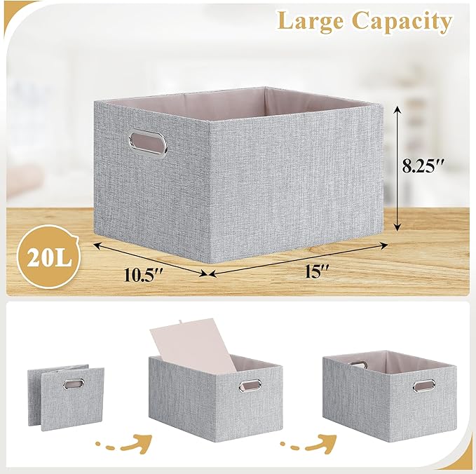 Posprica Closet Organizers and Storage, 4 Pack Large Linen Storage Bins, Decorative Shelf Storage Baskets for Organizing, Foldable Fabric Storage Box for Clothes, Toy, 15x10.5x8.25 Inch(Grey)