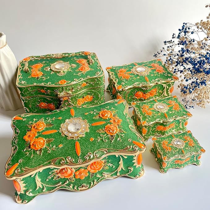 Truewon Jewelry Chest Rose Pastoral Style Metal Box Trinket Vintage Trinket Gemstone Storage Tray Treasure Souvenir Gift Case for Girls Women (Golden Starshine Green, Large)