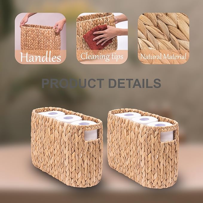 Wicker Toilet Paper Storage Holder with Built-in Handles, Toilet Paper Holder for up to 6 Mega Rolls, Water Hyacinth Toilet Paper Baskets Bathroom Accessories Organizer