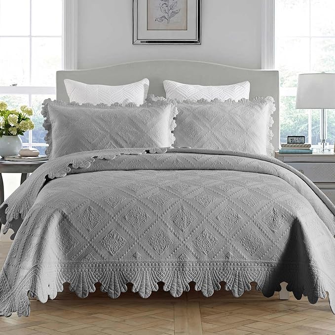 MarCielo 3-Piece 100% Cotton Oversized Bedspread Lightweight Quilt Coverlet Embroidery Farmhouse Bedding Set (Tk Light Grey, Oversized King (118"x106"))