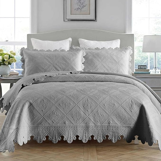 MarCielo 3-Piece 100% Cotton Oversized Bedspread Lightweight Quilt Coverlet Embroidery Farmhouse Bedding Set (Tk Light Grey, Oversized King (118"x106"))