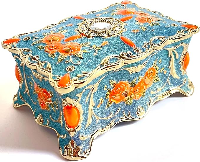 Truewon Jewelry Chest Rose Pastoral Style Metal Box Trinket Vintage Trinket Gemstone Storage Tray Treasure Souvenir Gift Case for Girls Women (Golden Starshine Bluish Violet, Large)