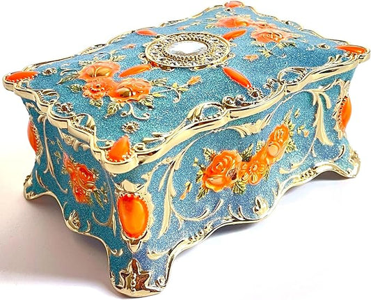 Truewon Jewelry Chest Rose Pastoral Style Metal Box Trinket Vintage Trinket Gemstone Storage Tray Treasure Souvenir Gift Case for Girls Women (Golden Starshine Bluish Violet, Large)