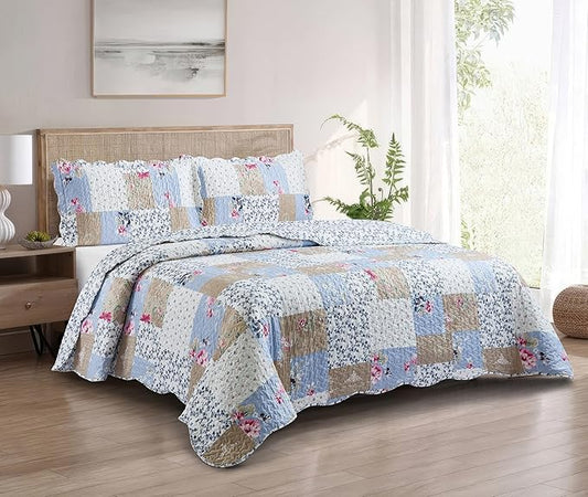 Brilliant Sunshine Pink and Blue Roses Toile Quilt Set, 3-Piece Bedding Sets Lively Patchwork Design, Washable, Reversible Bedspread, Soft Lightweight Coverlet, All-Season, King/Cal King, Blue Natural