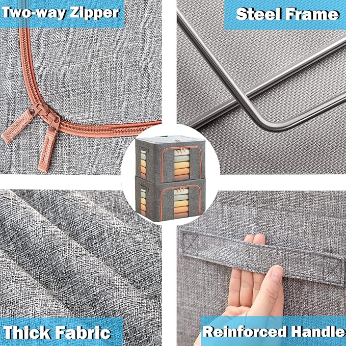 Large Storage Bags,Stackable Clothes Storage Bins with Hold Shape Metal Frame,Foldable Closet Organizer Containers with Zipper,Clear Window,Thick Fabric for Seasonal Clothing,Bedding (3 Pack, 66L)