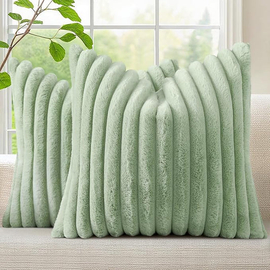 decorUhome Faux Fur Spring Throw Pillow Covers 18x18 Set of 2, Decorative Soft Plush Striped Neutral Couch Pillow Covers with Velvet Back for Sofa, Bed, Living Room Home, Sage Green