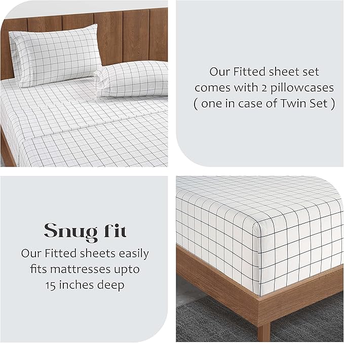 LANE LINEN Fitted Sheet King Size, 100% Organic Cotton, 3-Piece Set (1 Fitted Sheet,2 Pillowcases), Percale Weave, Ultra Soft, Breathable,Fits Mattress Upto 15" Deep - Windowpane(No Flat Sheet)