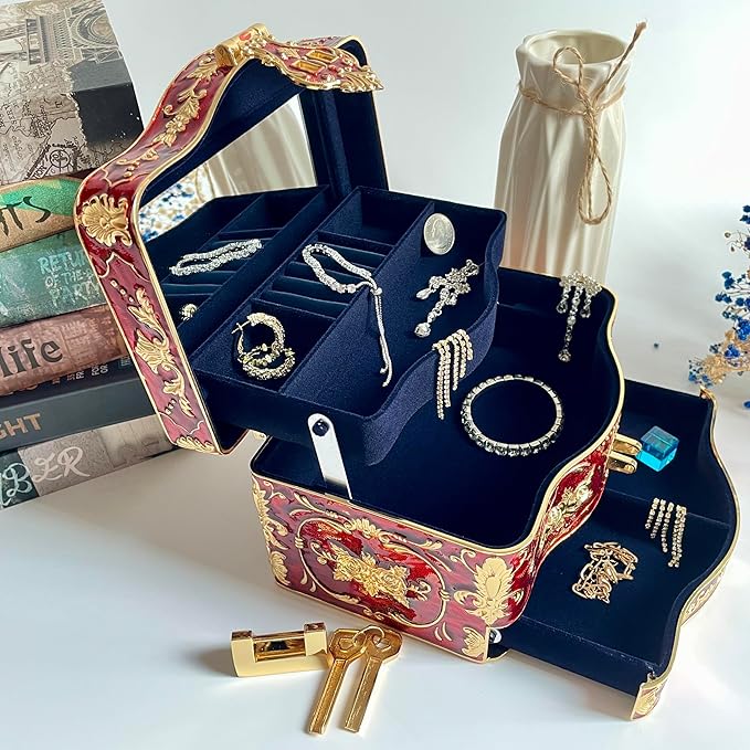 Truewon Jewelry Chest Rose Pastoral Style Metal Box Trinket Vintage Trinket Gemstone Storage Tray Treasure Souvenir Gift Case for Girls Women (Golden Red, Double Extra Large Hand-held)