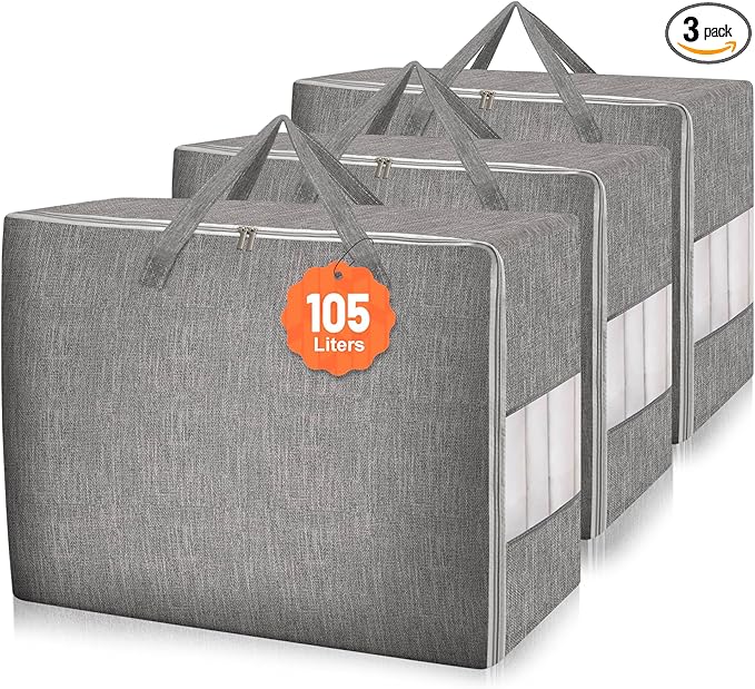 3 Pack 105L Comforter Storage Bags, Extra Large Bedding Storage Bags with Sturdy Zipper and Reinforced Handle, Clear Window, Moving Closet Organizers for Comforters and Blankets, Pillows