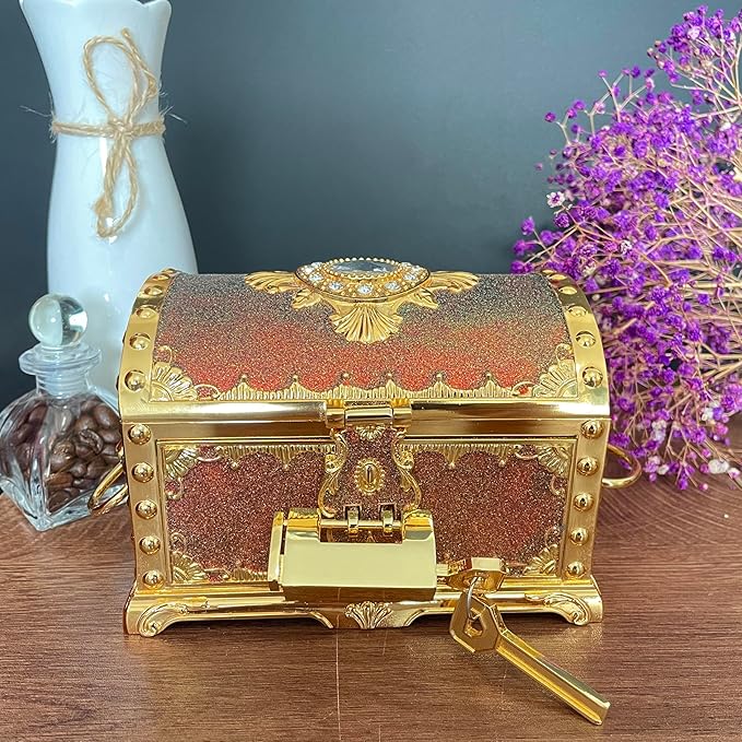 Retro Jewelry Box Arched Vintage Rectangular Metal Chest Necklace Ring Earrings Storage Case for Women Girls (Golden Starlight Red, L Lock)