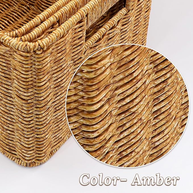 Baskets with Handles, Wicker Storage, Shelf Boxes for Organizing, Stackable Woven Bins, Decorative Lidded Resin, Set of 3, Amber