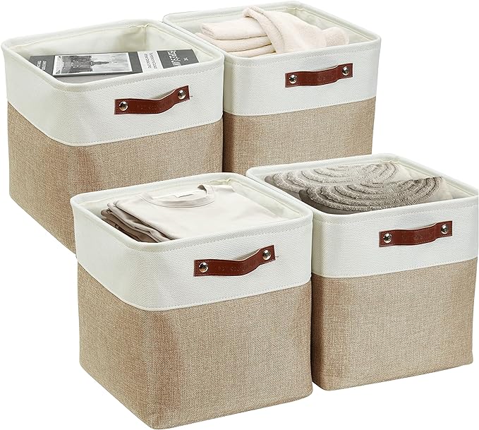 DECOMOMO 13 Inch Cube Storage Bins, Fabric Storage Cube, Basket for Kallax Shelves (Beige & White, Cube 13" - 4 Pack)